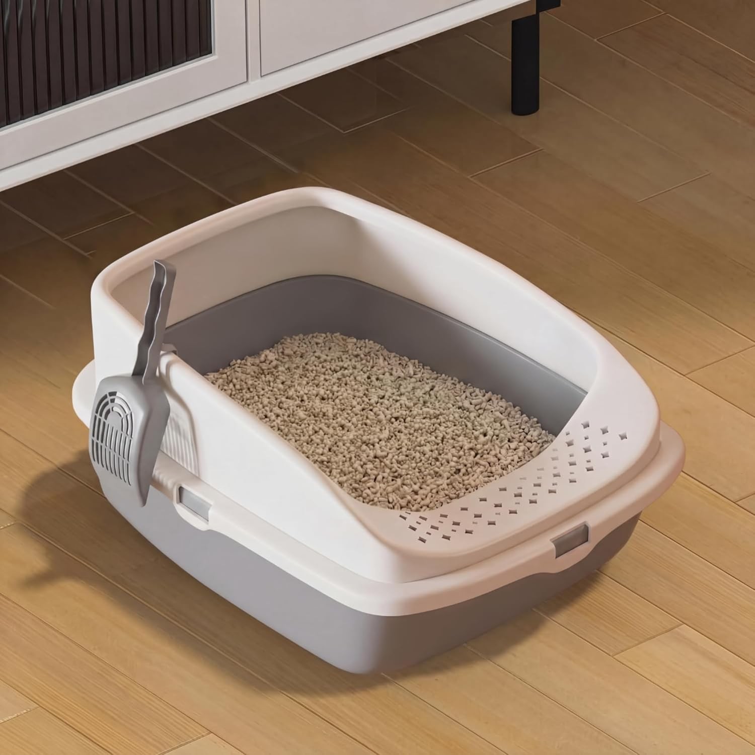 Cat Litter Tray Box Open Top Litter Box with Scoop Detachable Rim Easy