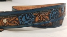 Vintage Leather Belt Embossed Blue Roses Brazos Joe Belt TX 40" Country Western