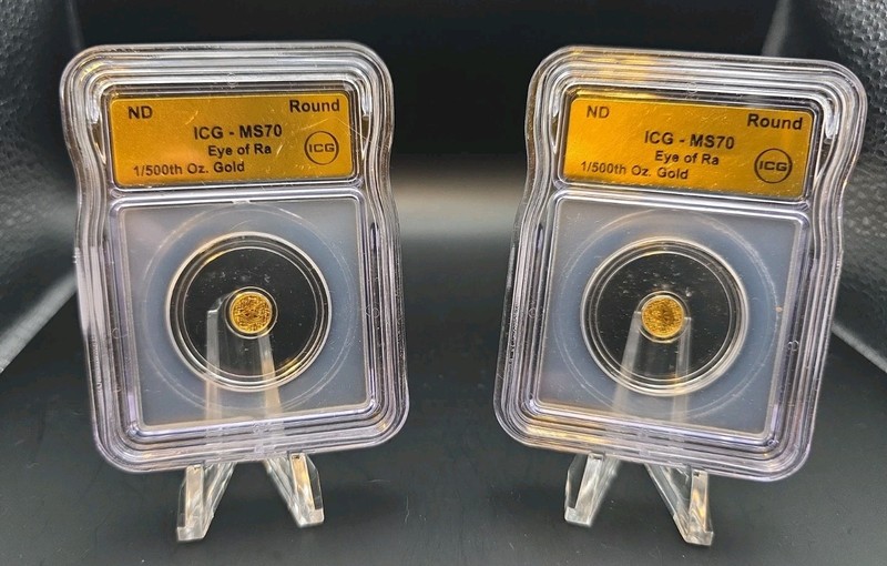 Lot of 2 ICG MS70 Eye of Ra 1/500 oz Gold Sequential Certs .9999 Gold