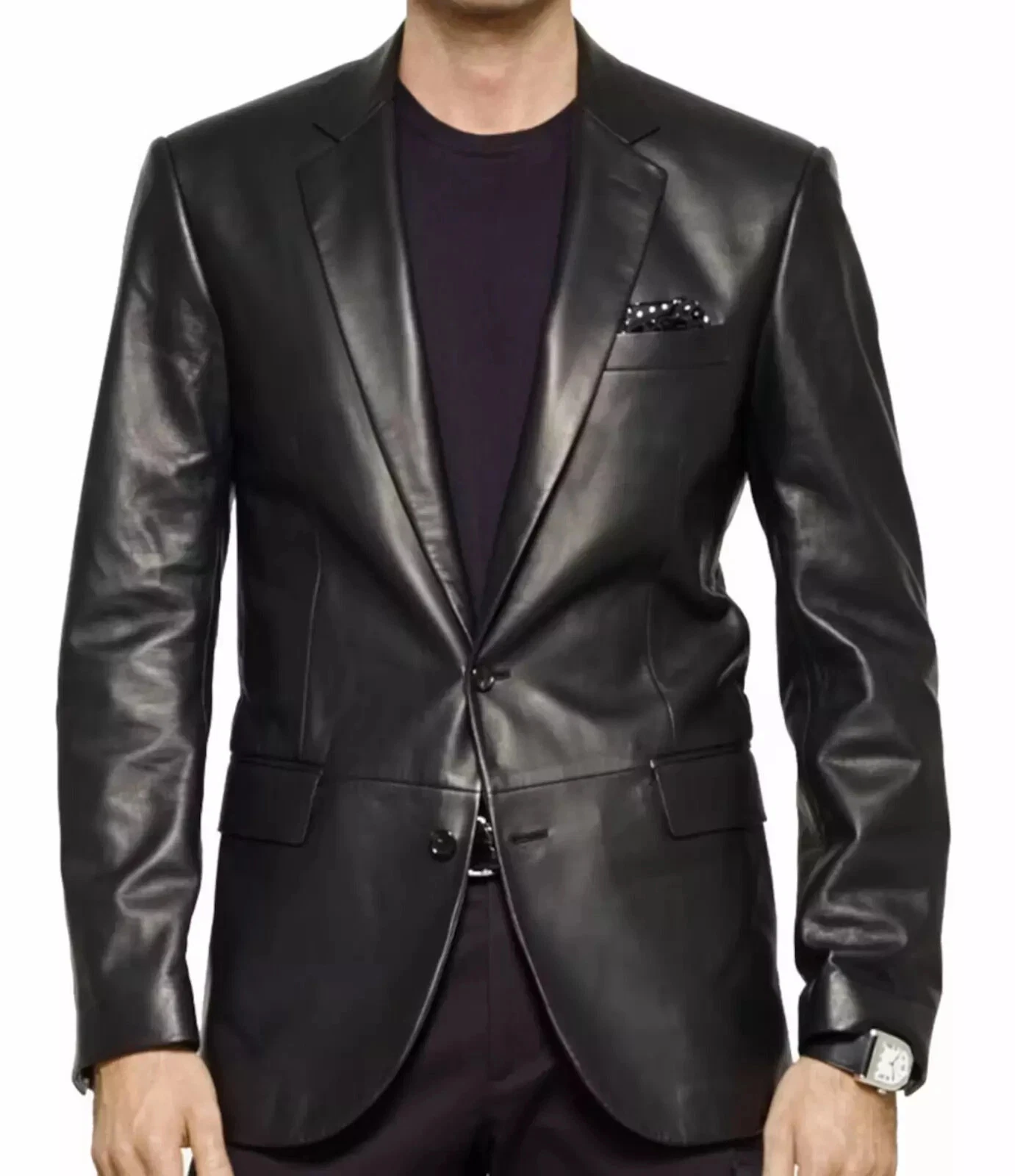 Men's Two Button Leather Black Blazer Real Soft Lambskin Leather Coat Blazer