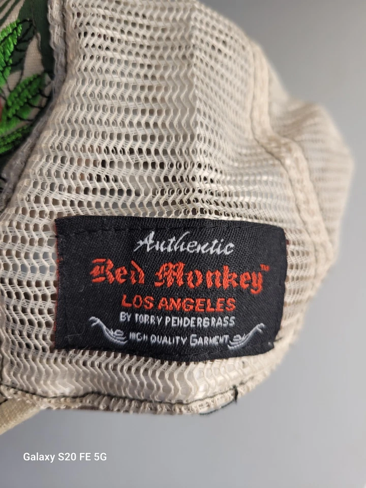 Mono Rojo Los Ángeles Calaveras y Rosas Bordado Trucker Sombrero Tostado Blanco Parches Foto 4 de 4