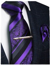 Purple Floral Tie Silk Necktie and Pocket Square Hankerchef Tie Clip Sets for