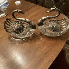 Vintage Glass Swan Salt Cellar Dish with Sterling Silver Wings Pair, Set Of 2