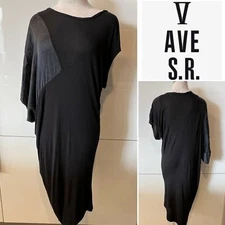 V AVE SHOE REPAIR Black Viscose Knit Jersey & Silk Panel Asymmetrical Dress Med