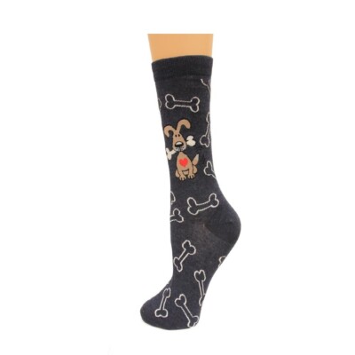 K. Bell Dog with Bones Crew Socks, Denim Heather, Size 4-10, 1 Pair