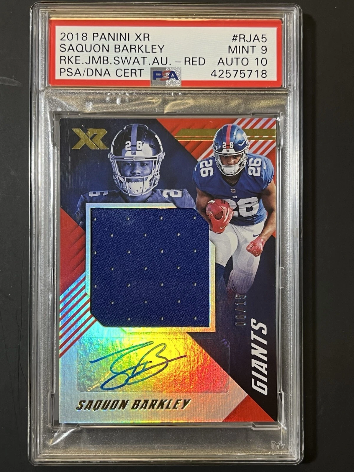 Saquon Barkley Panini XR Rookie Jumbo Swatch Autograph #RJA5 Red