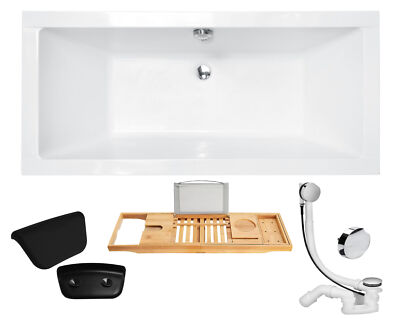 Badewanne Rechteck 170x75 Ablaufgarniture & Füße + Bambus Ablage + Kopfstütz