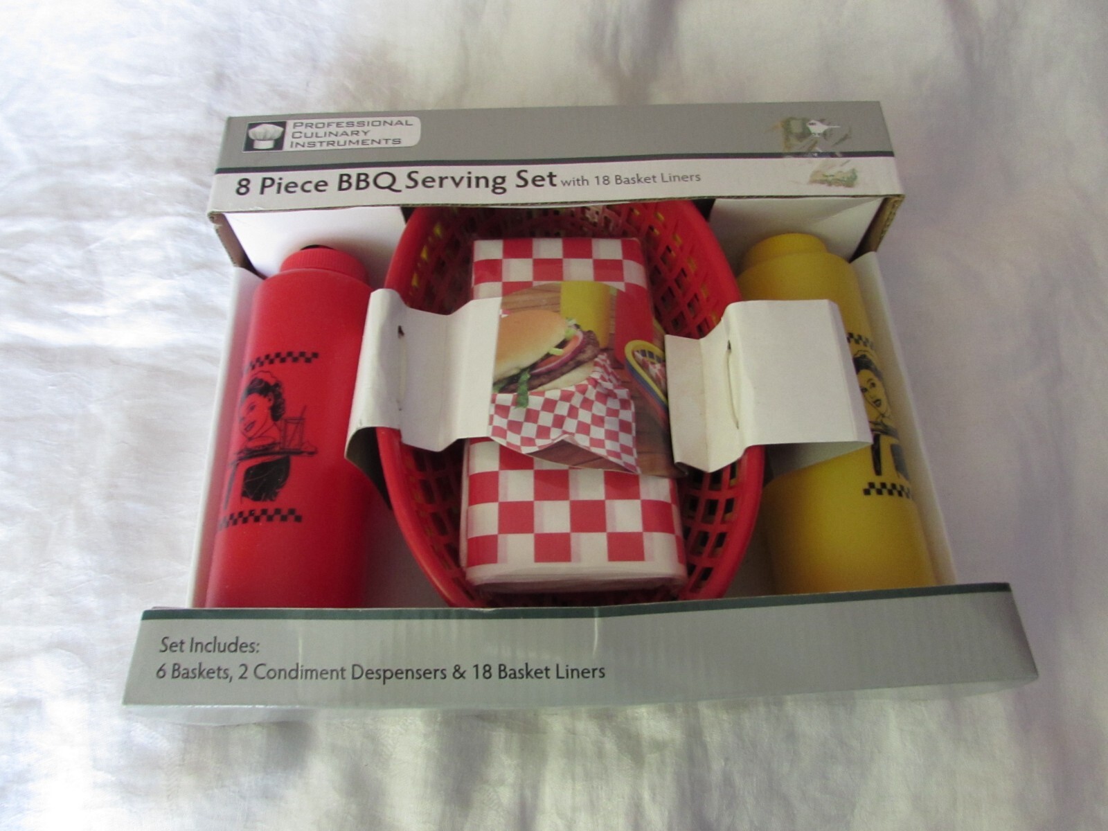 8 pc BBQ SERVING SET picnic accessories baskets/liners condiment dispensers NIB