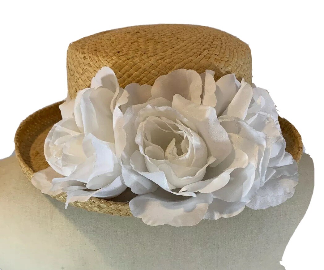 White Wide Upturned Brim Flowal Straw Hat Spring Summ… Gem
