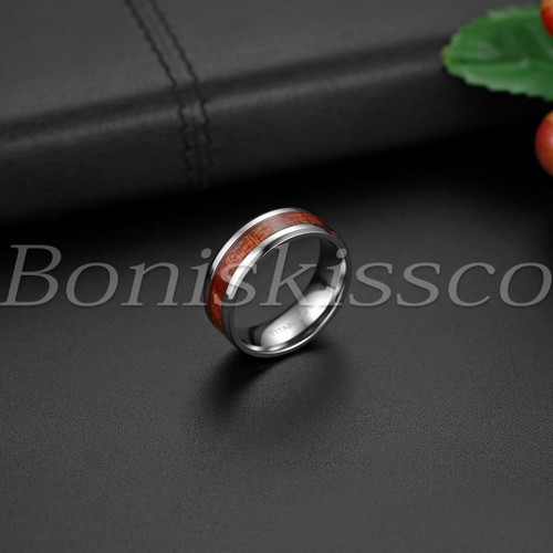 8mm Men's Luxury Polished Titanium Ring Wood Inlaid Engagement Wedding Band Gift - Picture 7 of 8