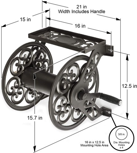 125ft Capacity Manual Bronze Hose Reel - Decorative Wall Mount Design - Picture 8 of 9