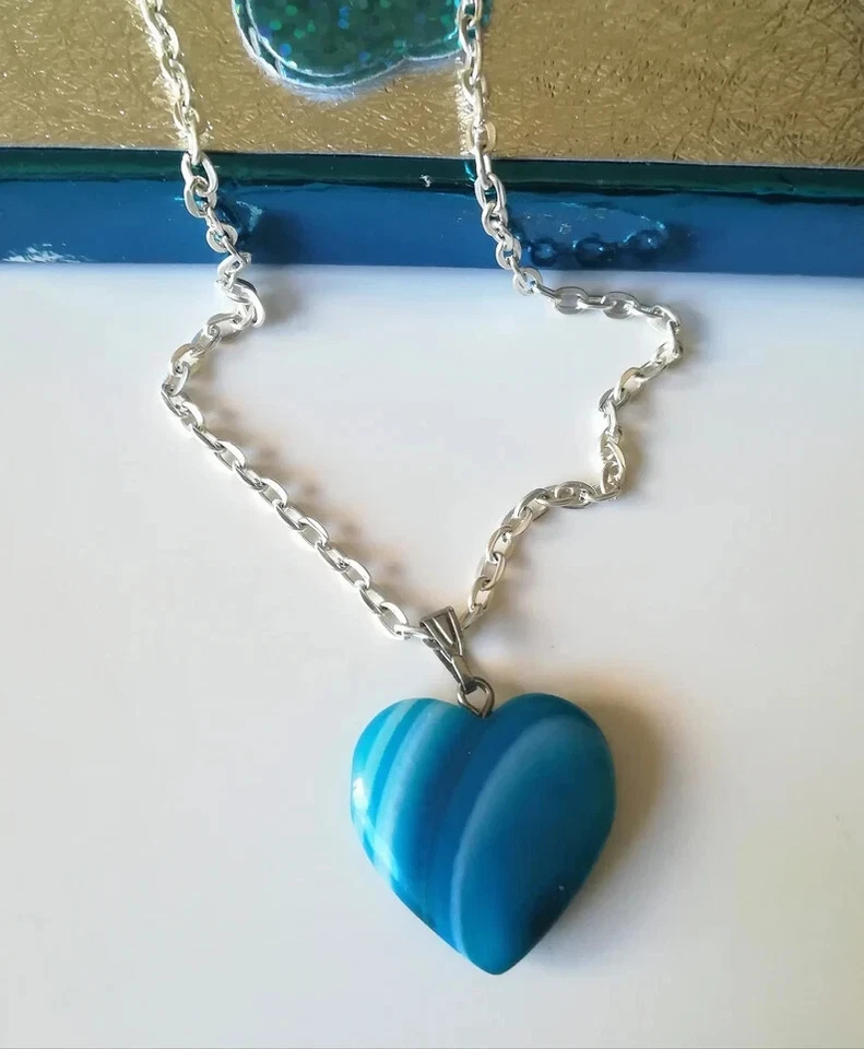 COLLANA DONNA CUORE DI AGATA BLU NATURALE E ARGENTO 925, CIONDOLO AGATA AZZURRA - Immagine 3 di 4