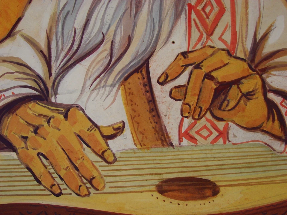 Pintura guache ucraniana soviética URSS simbolismo retrato músico Gusli - Imagem 4 de 4