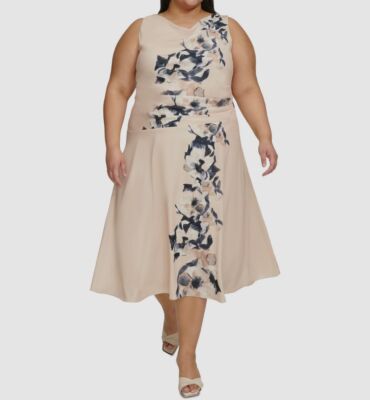Dkny Plus Size Cowlneck Cascading-Floral Midi Dress - Elegant Beige