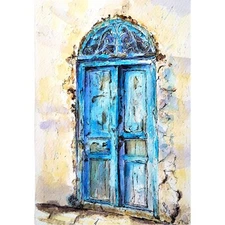 Watercolor Painting Art Original Old Door Handmade Landscape 9x6 in