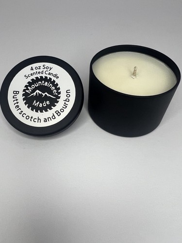 Scented Candles 4oz-100% Soy Wax In Black Metal Tins Butterscotch & Bourbon - Picture 3 of 5