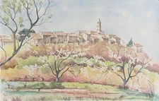 Provence Village Large Watercolor Signed by André Trevert circa 1990