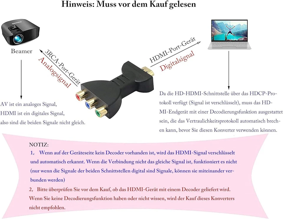 HDMI Stecker auf zu RCA 3 Cinch Chinch Buchse Audio Adapter Konverter TV Laptop - Bild 3 von 4
