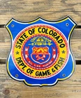 VINTAGE STATE OF COLORADO 11x11" GAME & FISH PORCELAIN OIL PUMP STATION GAS SIGN