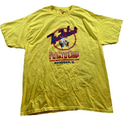 Mrs. Fishers Potato Chip T-Shirt Size L Logo Brand Yellow USA Rockford Illinois