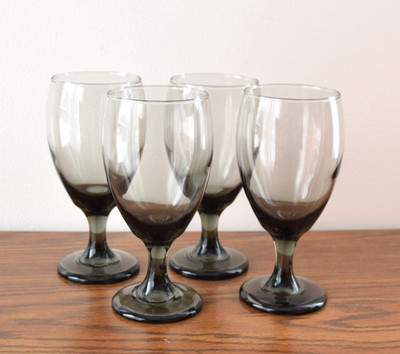 Set of 4 Libbey Premiere Drinking Glass Water Goblets Smoked Gray Teardrop 7'' H