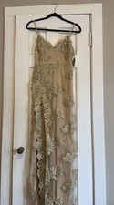 Windsor Gold Floral Special Occasion Dress, High Slit, Nude Slip Dress Lined