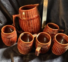 Vintage Brown Ceramic Pitcher & 5 Cups Set (CU552)