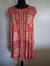 red orange geometric print short sleeve knee length sundress