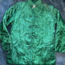 VNTG EMERALD Green Chinese Tang Brocade Thick Satin Jacket Frog Closures Sz-S