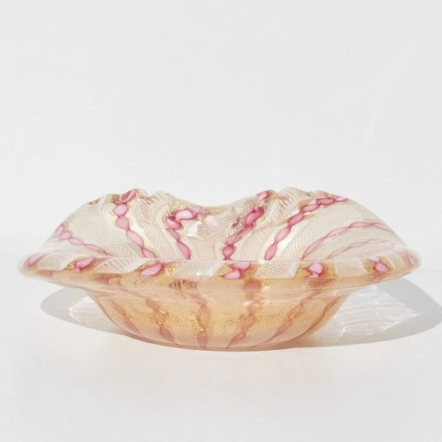 Vintage Fratelli Toso Murano Zanfirico Aventurine Pink White Art Glass Bowl
