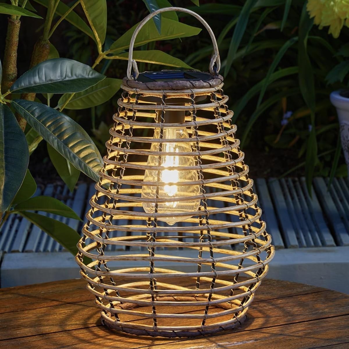 Solar LED Brown Maris Rattan Style Filament Hanging Outdoor Garden Table Lantern