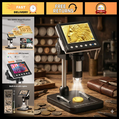 4.3'' LCD Digital Coin Microscope 1000X USB Magnifier with 8 LED Lights for Inspe