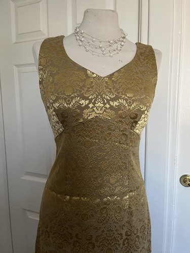 True Vintage ETAM 1990s Gold Baroque Jacquard Bodycon Dress UK 10-12 Petite - Picture 4 of 14