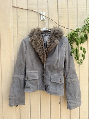 B.B Dakota vintage y2k  Gray Leather Jacket Faux Fur Trim Collar Button Lined