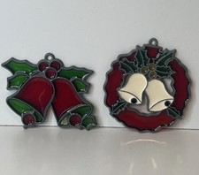 2 - Bells With Holly Stained Glass Christmas Sun Catchers Vintage