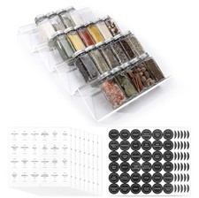 Spice Drawer Organiser with 28 Glass Jars, 348 Labels & 4 Tier Acrylic Rack
