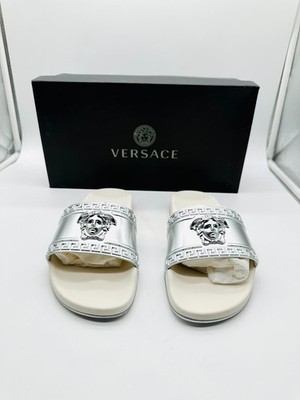 Versace Medusa Slides Silver Greca Sandals US 8 EU 40 Luxury Italy