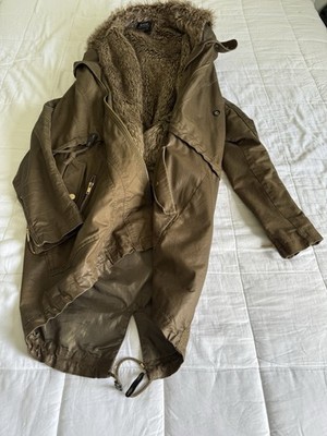 Bershka Women's Long Parka Coat Khaki Medium Faux Fur Trim and Liner, Hooded 