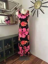 Vintage 60s 70s Waltah Clarke Hawaiian Dress Black And Neon Colors Ruffles