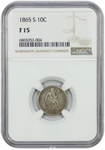 1865-S 10c Seated Liberty Dime NGC F15 Low Mintage Tough Civil War Date