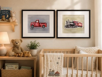 Vintage Framed Transportation Art Prints Red Truck & Steam Train Nursery Decor