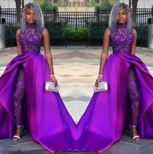 Jumpsuits Prom Dresses With Detachable Train High Neck Lace Evening Gowns Pant