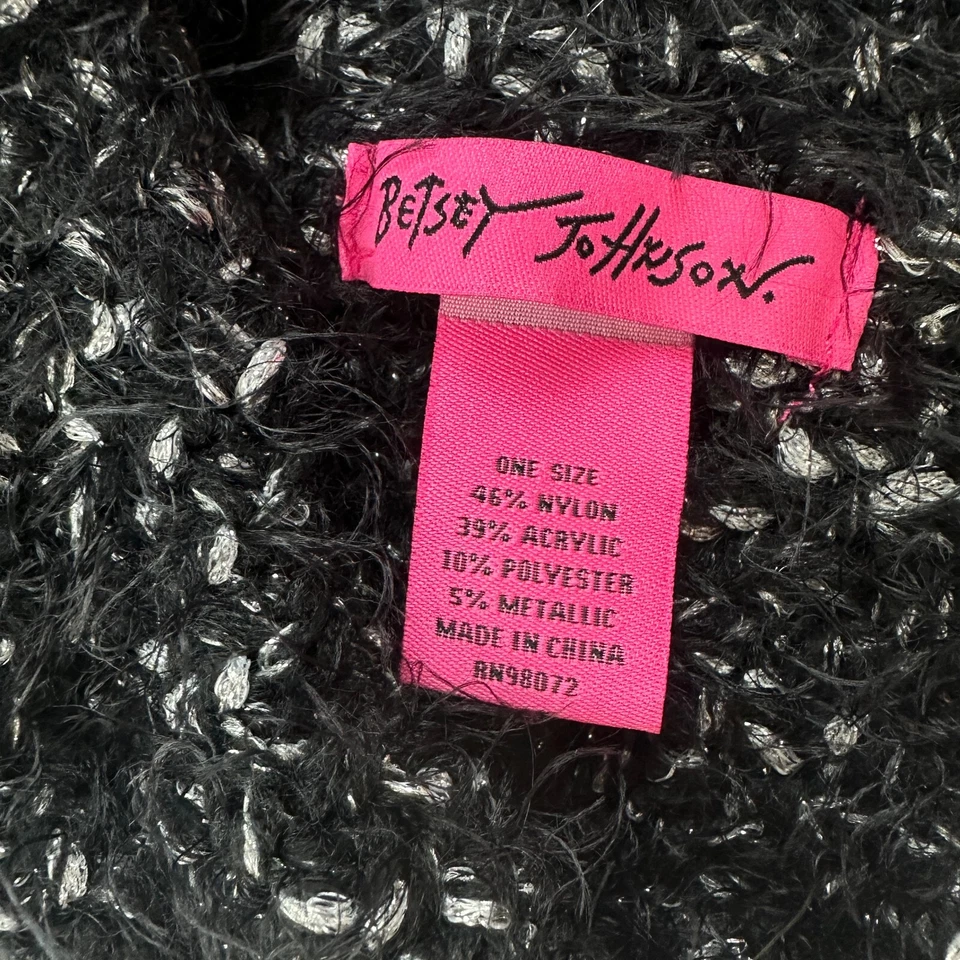 Cachecol Betsey Johnson grosso infinito preto prata malha difusa 30 x 13 anos 80 vintage - Imagem 2 de 4