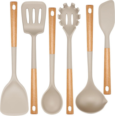Kitchen Utensils Set, Large Non-Stick Silicone Cooking Utensils Set 6 Pcs, Woode