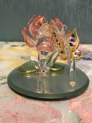 Hand Blown Glass Yellow Butterfly on flower figurine on Beveled Mirror Base 2.5 