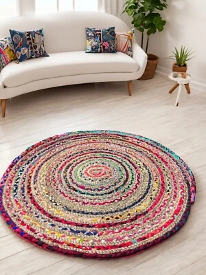 Round Rug Jute Recycled Cotton Rugs Multi Colour Stripe Design Small to Large - Image 1 of 4