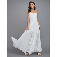 Commense Pleated Flowing Spaghetti Strap Wedding Beach Elegant White Maxi XS