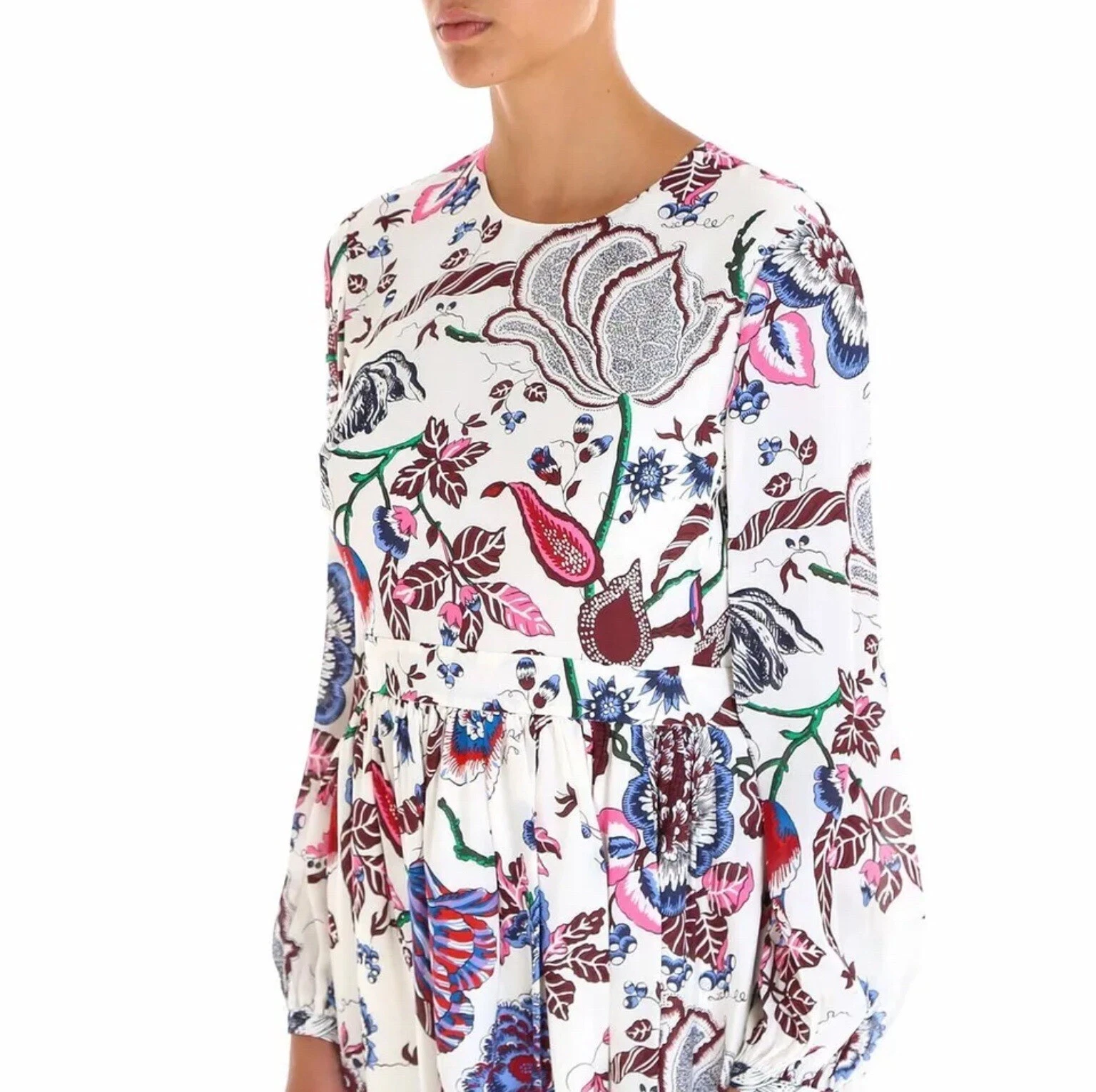 Abito multicolore in seta Tory Burch floreale manica lunga avorio taglia 00 nuovo