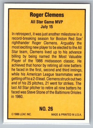 1988 Donruss Highlights Roger Clemens #26 - Bild 2 von 2