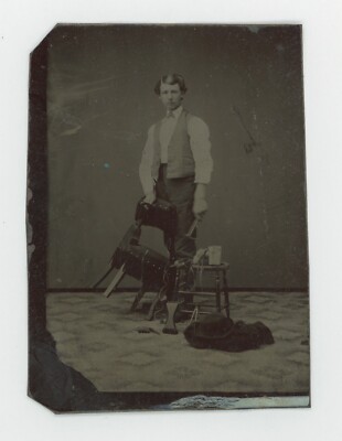 1870's-1880s TINTYPE HANDSOME UPHOLSTERED CHAIR MAKER W/ TOOLS  3 3/8'' x 2 7/16''